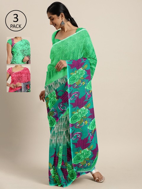 

KALINI Pack Of 3 Printed Pure Georgette Sarees, Green
