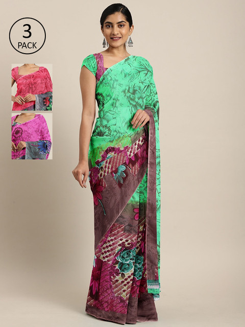 

KALINI Pack of 3 Printed Sarees, Green