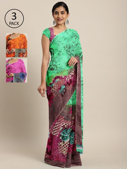 

KALINI Pack of 3 Printed Poly Georgette Saree, Green