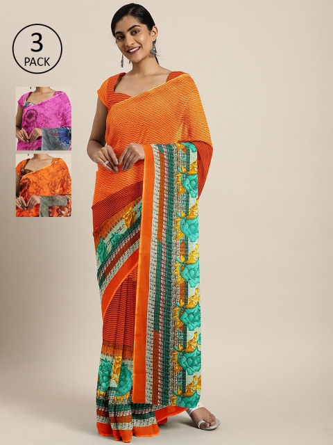 

KALINI Pack Of 3 Printed Poly Georgette Sarees, Orange