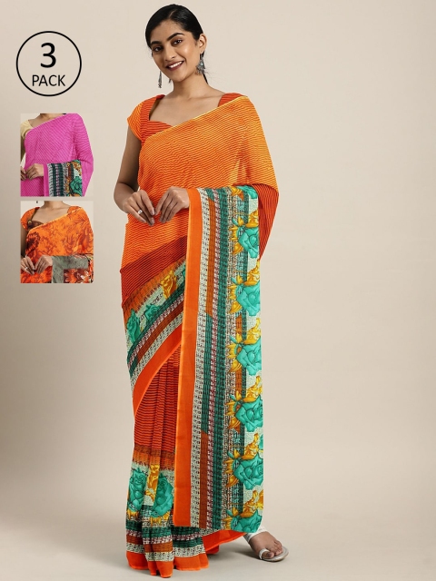 

KALINI Pack of 3 Printed Sarees, Orange