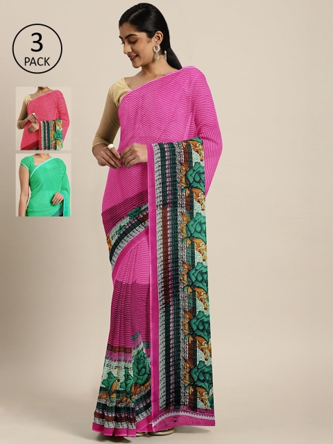 

KALINI Pack Of 3 Striped Poly Georgette Sarees, Purple