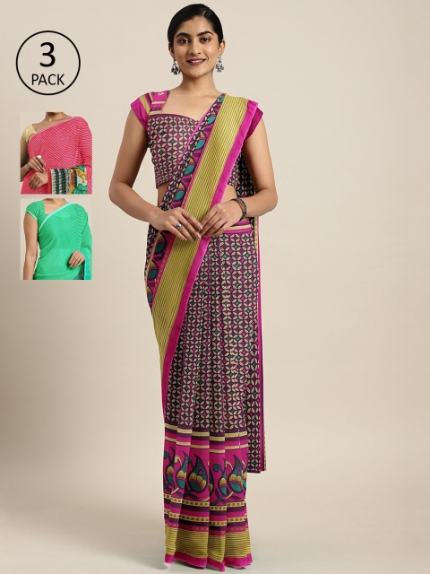 

KALINI Pack of 3 Printed Sarees, Burgundy