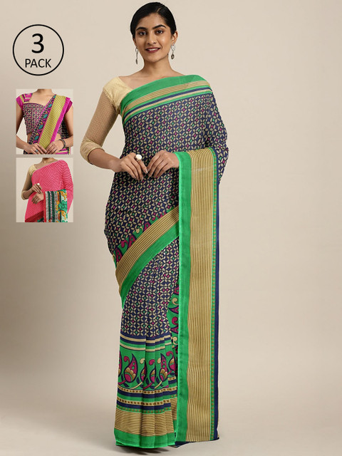 

KALINI Pack of 3 Printed Saree, Navy blue