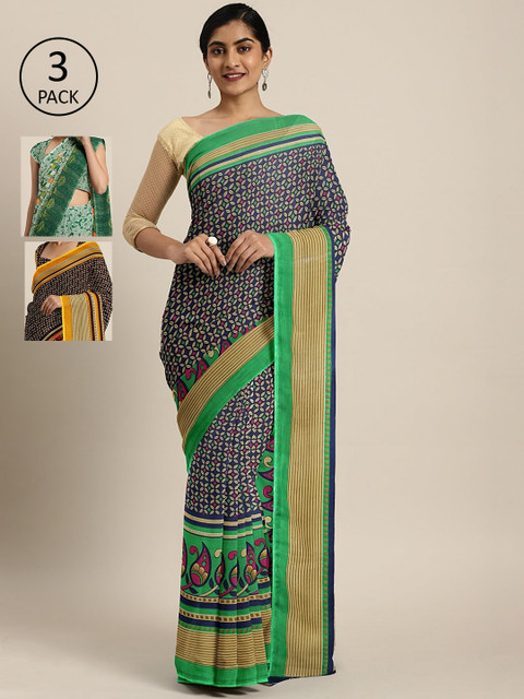 

KALINI Pack of 3 Printed Sarees, Navy blue