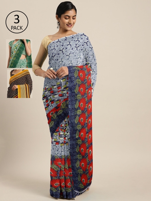 

KALINI Pack of 3 Printed Pure Georgette Saree, Blue