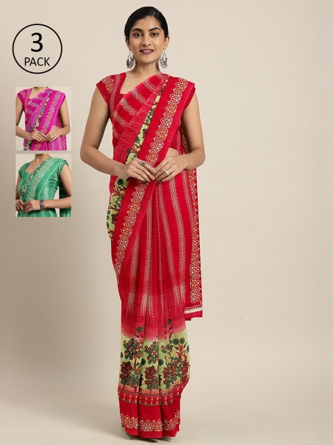 

KALINI Pack Of 3 Printed Pure Georgette Sarees, Red