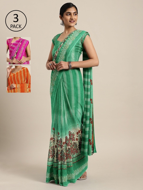 

KALINI Pack of 3 Printed Sarees, Green