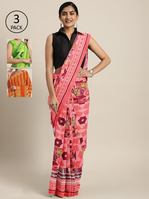 

KALINI Pack Of 3 Printed Pure Georgette Sarees, Pink