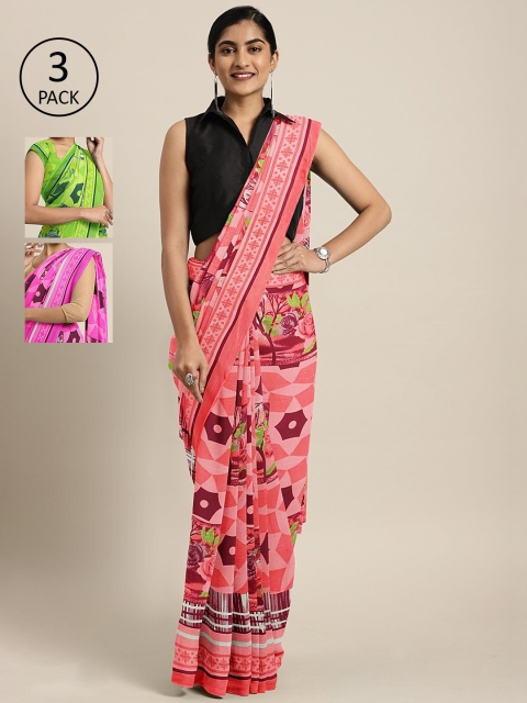 

KALINI Pack of 3 Printed Sarees, Red