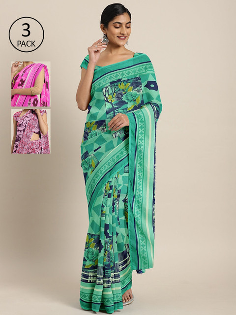 

KALINI Pack Of 3 Printed Pure Georgette Sarees, Sea green