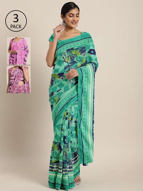 

KALINI Pack of 3 Printed Sarees, Sea green