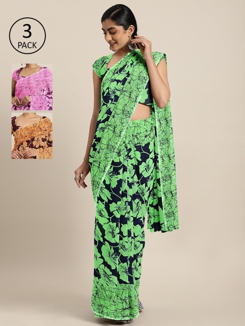 

KALINI Pack Of 3 Printed Pure Georgette Sarees, Green