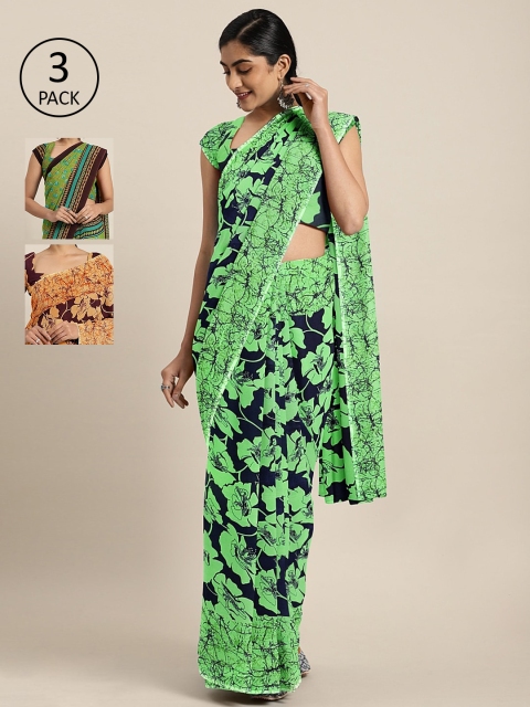 

KALINI Pack of 3 Printed Sarees, Green