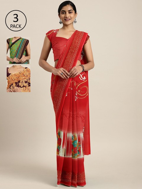 

KALINI Pack of 3 Printed Pure Georgette Saree, Red