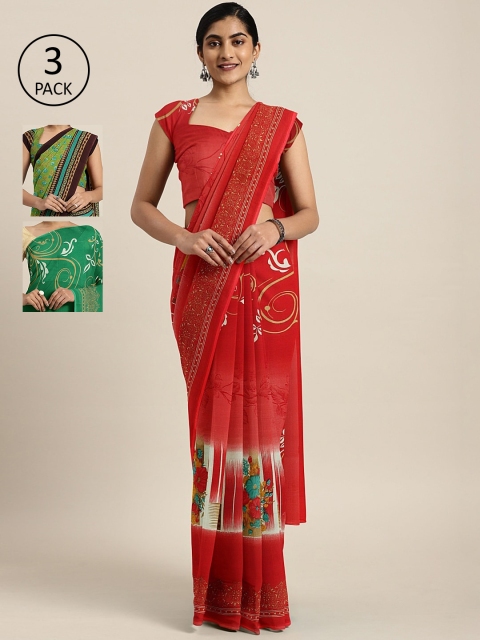 

KALINI Pack Of 3 Printed Pure Georgette Sarees, Red