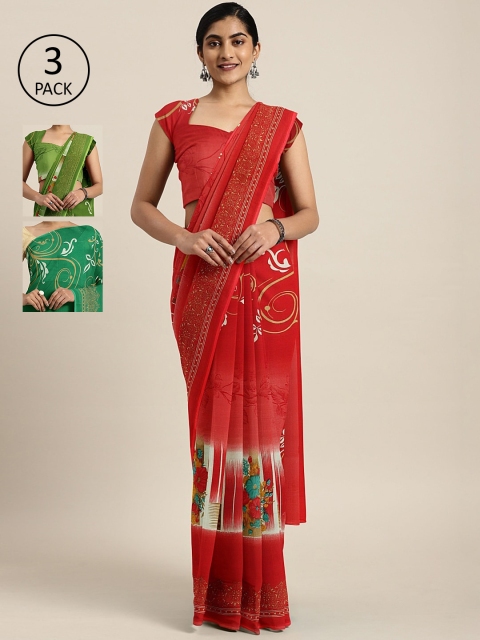 

KALINI Pack of 3 Printed Sarees, Red