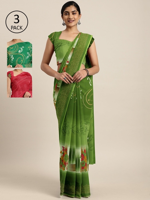 

KALINI Pack of 3 Printed Pure Georgette Saree, Green