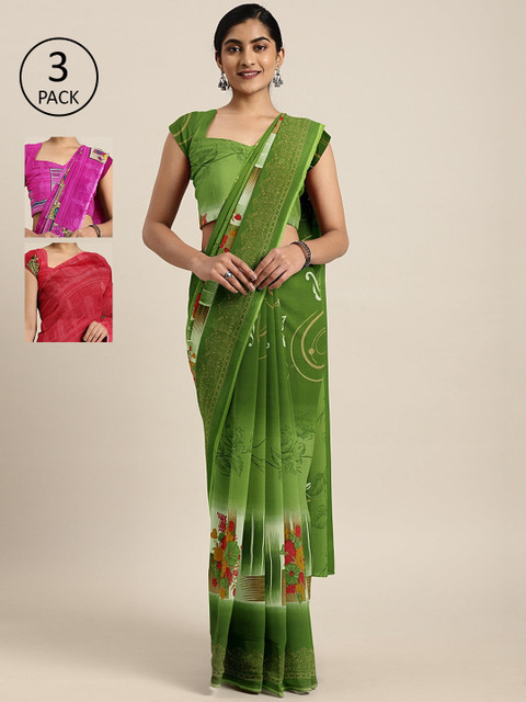 

KALINI Pack Of 3 Printed Pure Georgette Sarees, Green
