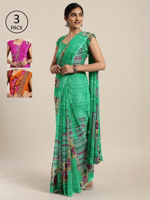 

KALINI Pack of 3 Printed Pure Georgette Saree, Green