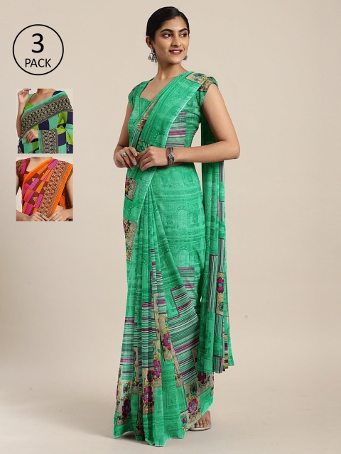 

KALINI Pack Of 3 Printed Pure Georgette Sarees, Green