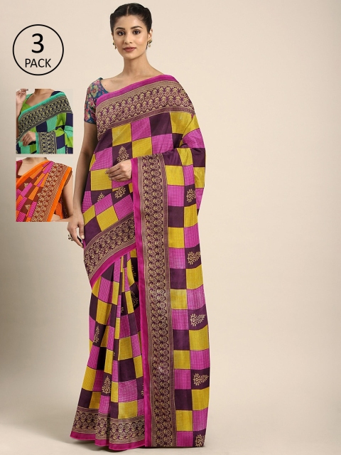 

KALINI Pack of 3 Printed Sarees, Pink