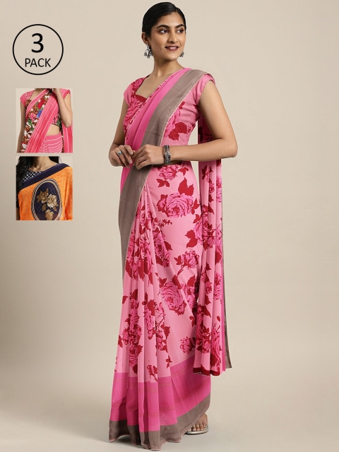

KALINI Pack of 3 Printed Sarees, Pink