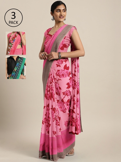 

KALINI Pack of 3 Printed Pure Georgette Saree, Pink