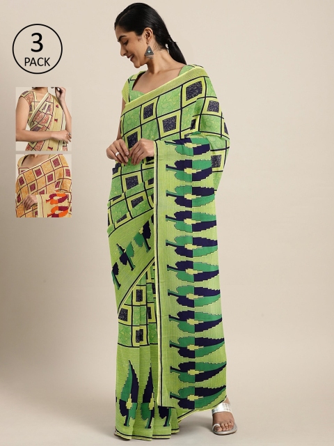 

KALINI Pack of 3 Printed Sarees, Lime green