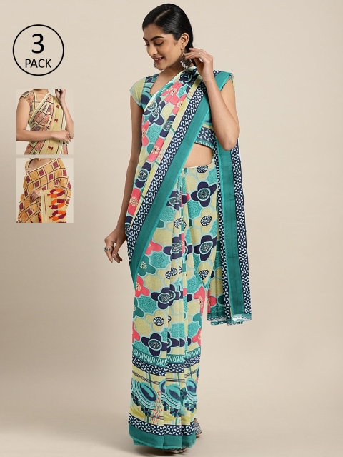 

KALINI Pack of 3 Printed Pure Georgette Saree, Teal