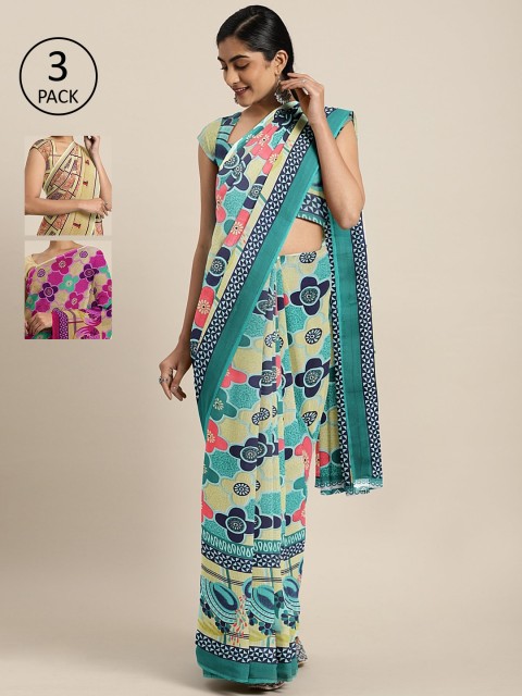

KALINI Pack Of 3 Printed Pure Georgette Sarees, Blue