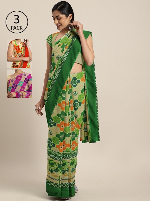 

KALINI Pack of 3 Printed Pure Georgette Saree, Green