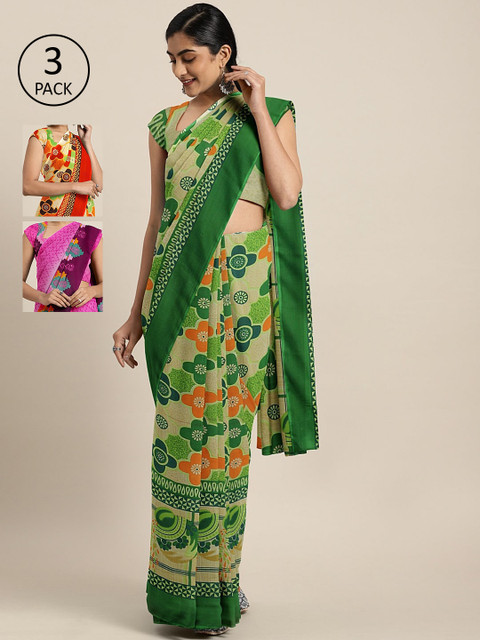 

KALINI Pack Of 3 Printed Pure Georgette Sarees, Beige