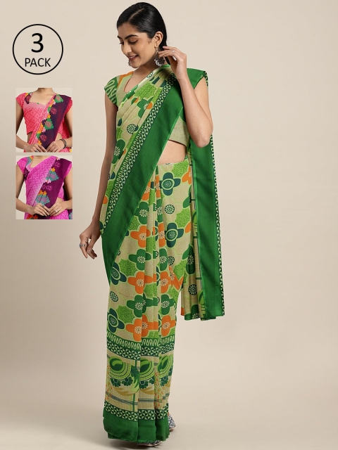 

KALINI Pack of 3 Printed Sarees, Beige