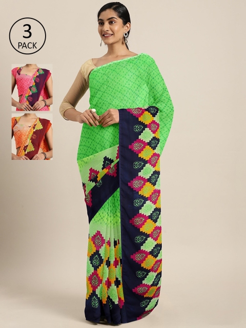 

KALINI Pack Of 3 Printed Pure Georgette Sarees, Green