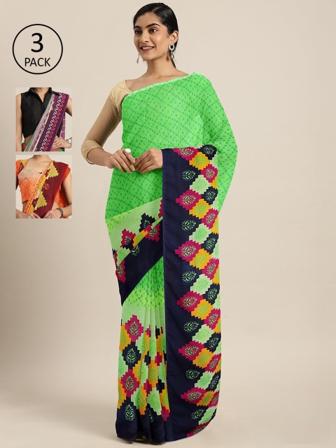

KALINI Pack of 3 Printed Sarees, Green