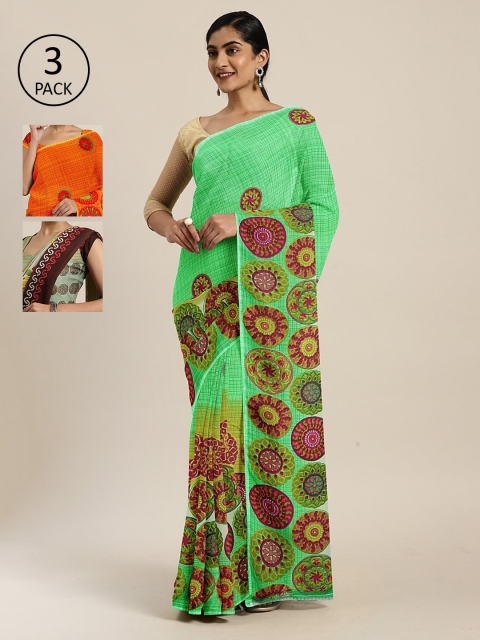 

KALINI Pack of 3 Printed Pure Georgette Saree, Green