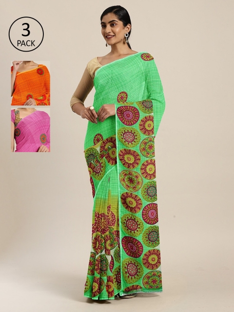 

KALINI Pack Of 3 Printed Pure Georgette Sarees, Green
