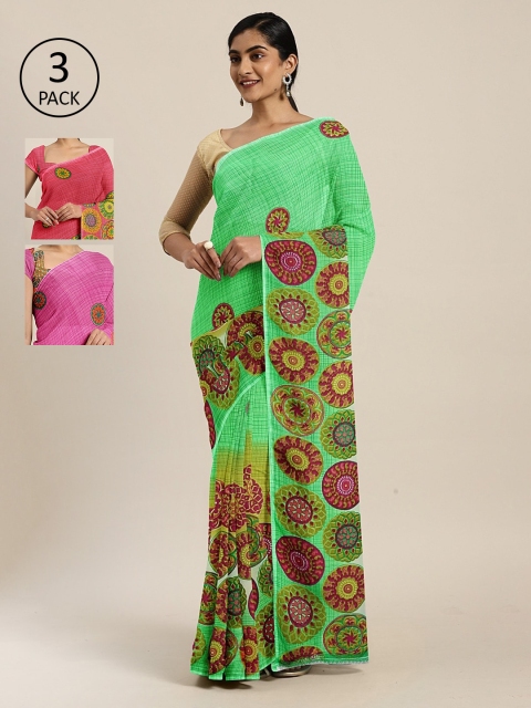 

KALINI Pack of 3 Printed Sarees, Green