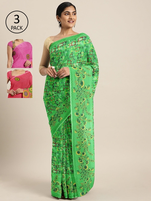 

KALINI Pack of 3 Printed Pure Georgette Saree, Green