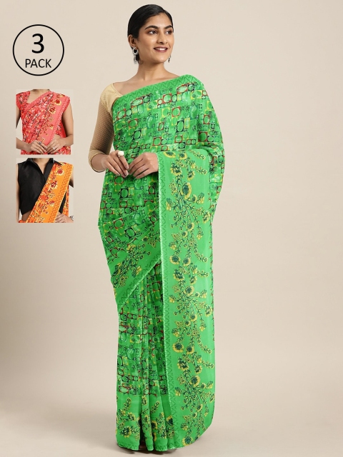 

KALINI Pack of 3 Printed Sarees, Green