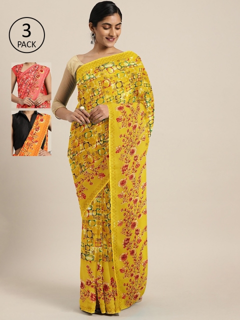 

KALINI Pack of 3 Printed Pure Georgette Saree, Mustard