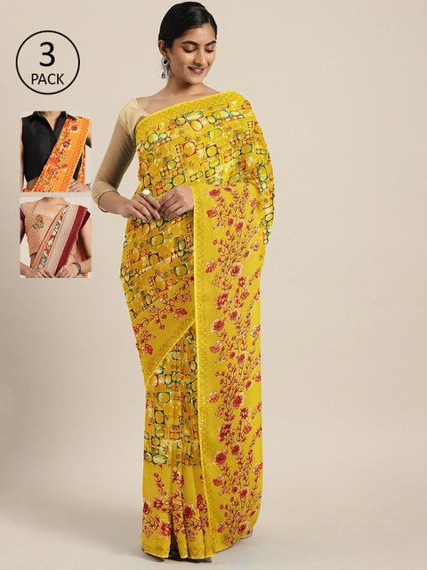 

KALINI Pack Of 3 Printed Pure Georgette Sarees, Yellow