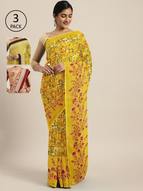 

KALINI Pack of 3 Printed Sarees, Mustard