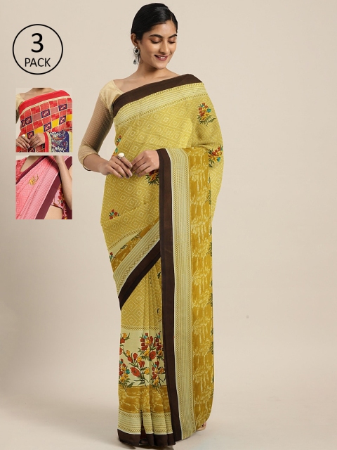 

KALINI Pack Of 3 Printed Pure Georgette Sarees, Beige