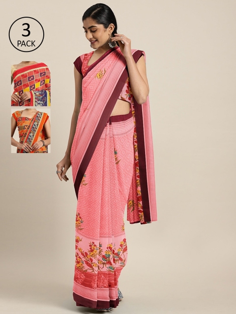 

KALINI Pack of 3 Printed Sarees, Pink