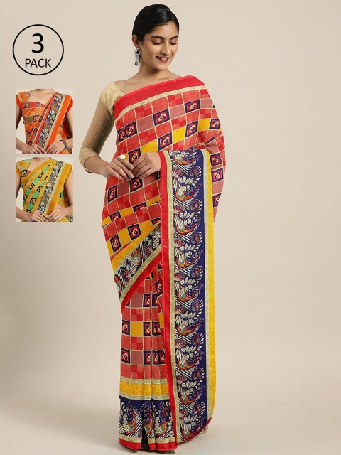 

KALINI Pack of 3 Printed Pure Georgette Saree, Red