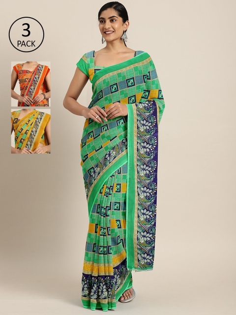

KALINI Pack Of 3 Printed Pure Georgette Sarees, Green