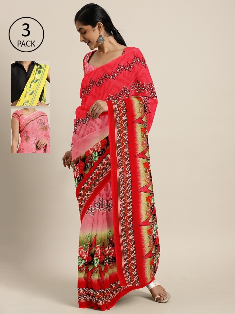 

KALINI Pack Of 3 Printed Pure Georgette Sarees, Red