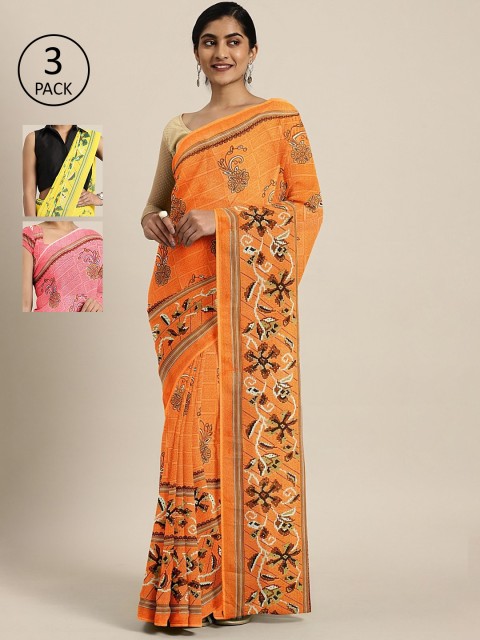 

KALINI Pack of 3 Printed Sarees, Orange